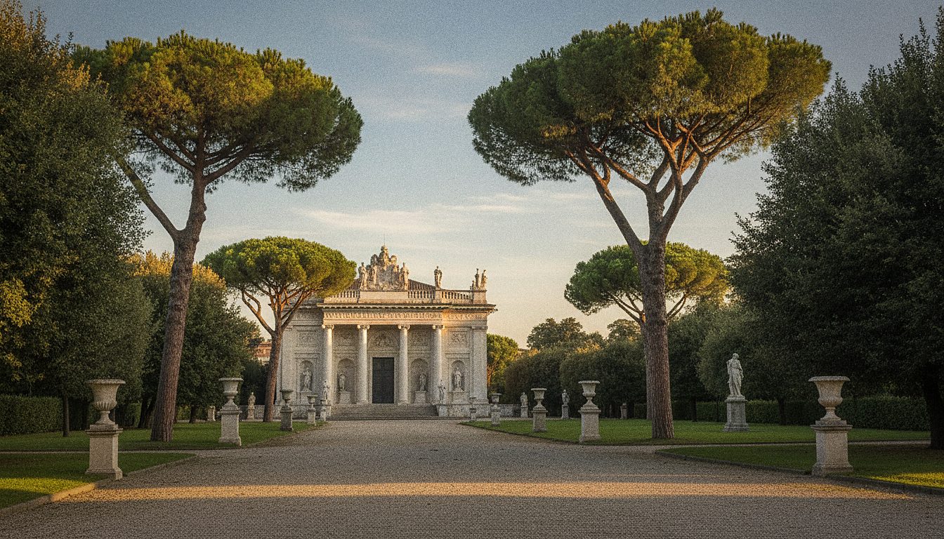Villa Borghese gardens with umbrella pines and the baroque Galleria Borghese building in warm Roman daylight